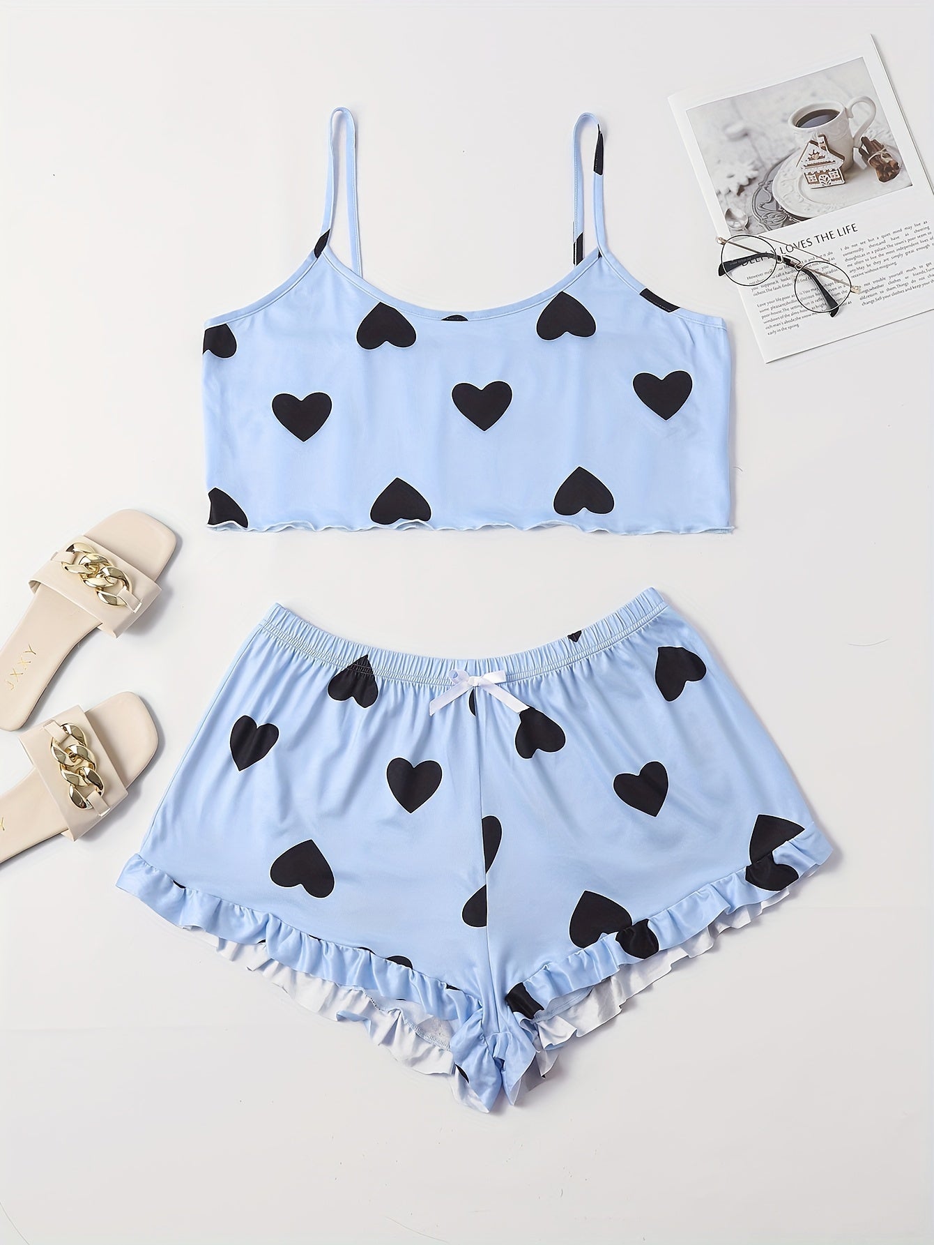 Heart Print Crop Cami Top & Shorts Pajama Set