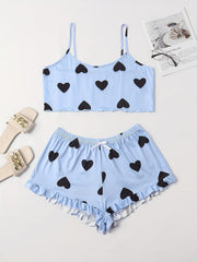 Heart Print Crop Cami Top & Shorts Pajama Set