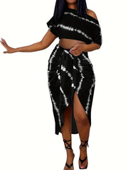 Striped Print Two piece Set Ruched Bag Hip Skirts Outfits