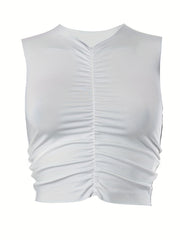 Ruched Crop Tank Top V neck Sleeveless Casual Summer Women's Clothing