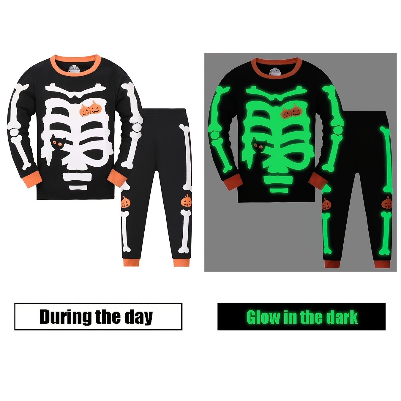Kid's Skeleton Reflective Pattern PJ Set Halloween Loungewear