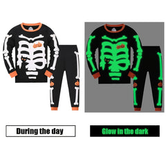 Kid's Skeleton Reflective Pattern PJ Set Halloween Loungewear