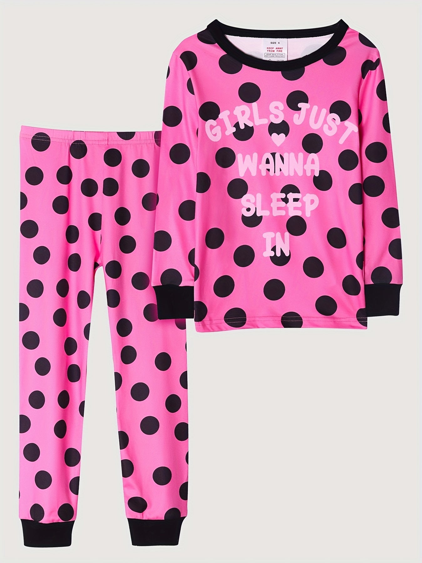 Girl's Dots Print Pajama Set Polyester Elastane Crew Neck Pants