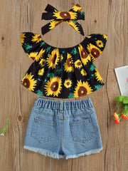 Girls Off Shoulder Sunflower Top & Denim Shorts Set for Summer