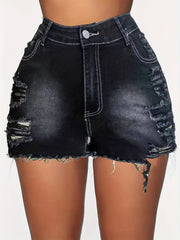 Washed Ripped Denim Shorts High Cut Button Fly