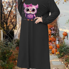 Plus Size Lounge Dress Women's Plus Owl Print Long Sleeve Round Neck Tee Dress