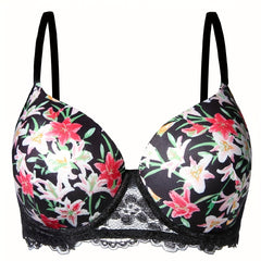 Floral Print Lace Molded Cup Underwire Padded Bra