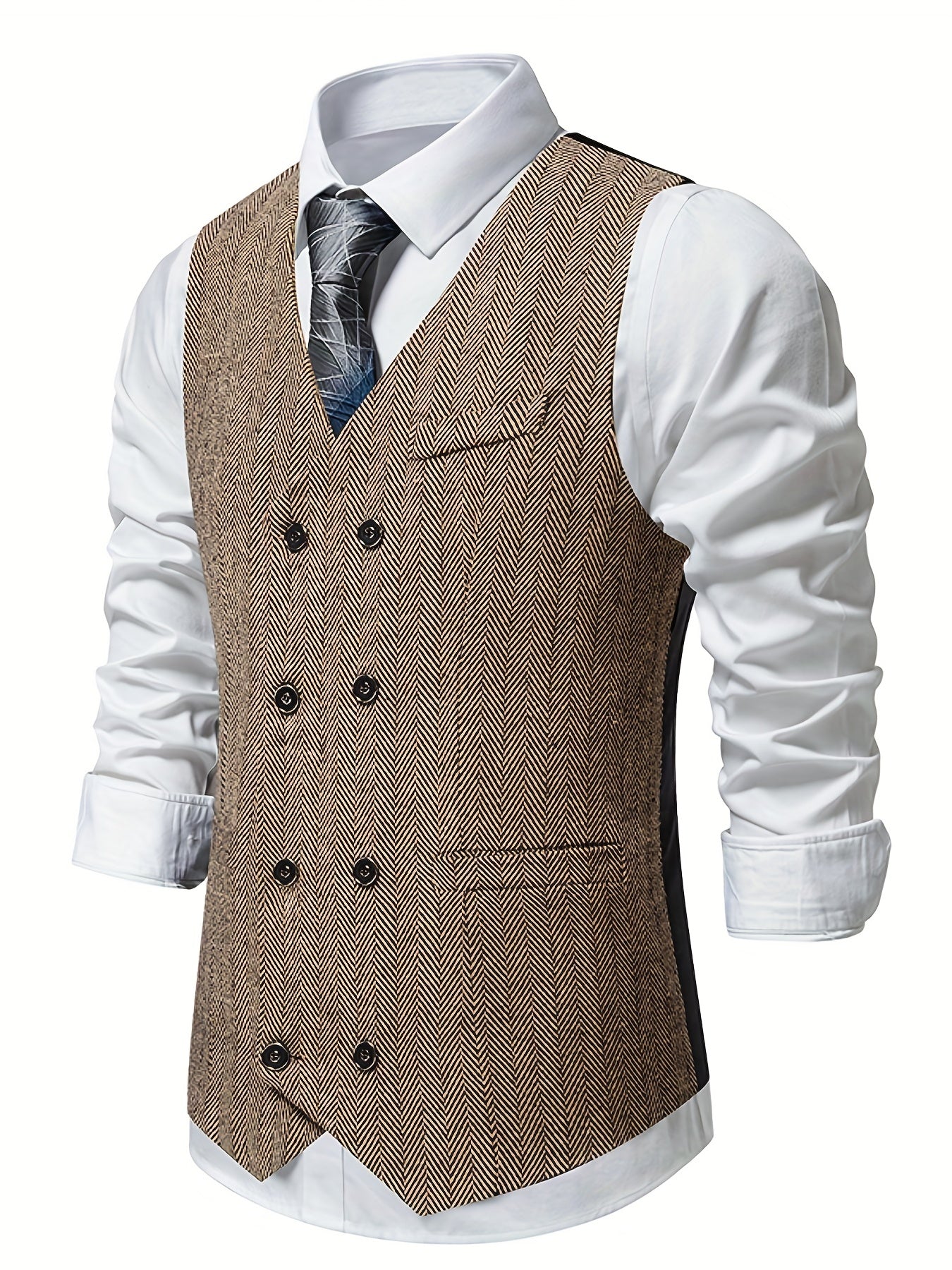Classic Herringbone Double Breasted Men's Vest Wedding Retro Suit