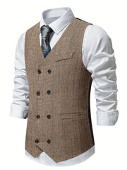 Classic Herringbone Double Breasted Men's Vest Wedding Retro Suit