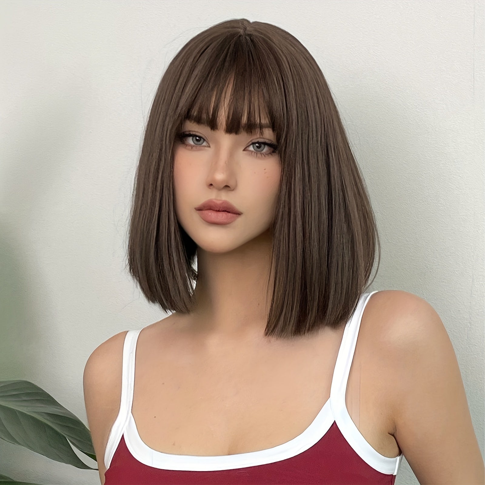 Brown Short Straight Hair Wigs With Bangs Synthetic Fiber Women's Wigs