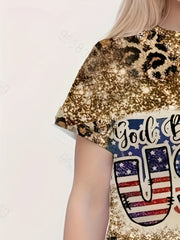 Girls 3D Leopard Print Graphic Crew Neck T shirt Short Sleeve Pull