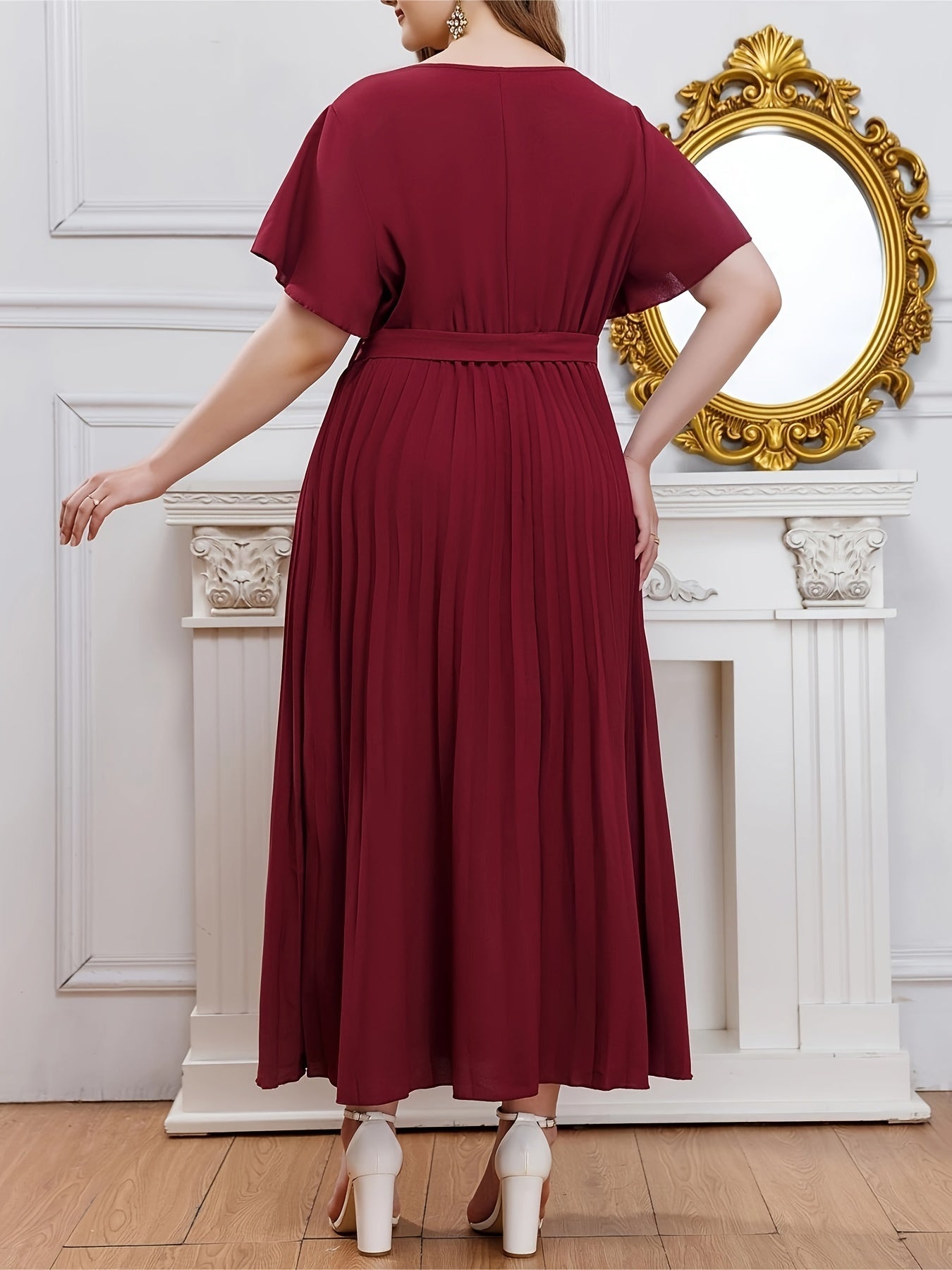 Solid Ruffle Sleeve V Neck Formal Dress