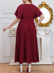 Solid Ruffle Sleeve V Neck Formal Dress