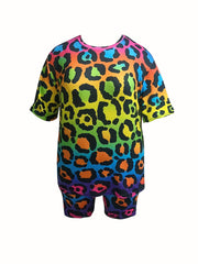Women's Plus Rainbow Leopard Top & Shorts Set