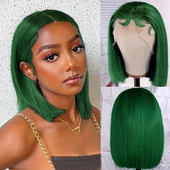 Green Short Bob Wig 13x4 Lace Front Human Hair Transparent Lace Brazilian Women