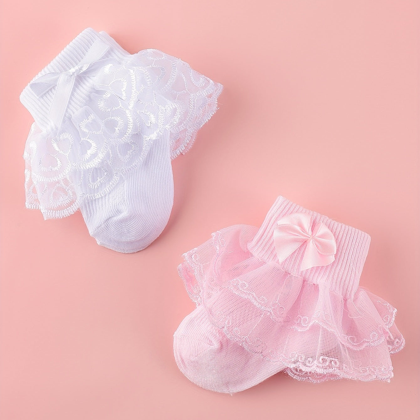 2 Pairs Girls Lace Knit Cotton Socks Bow Decor