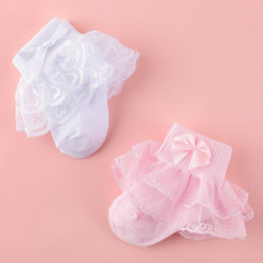 2 Pairs Girls Lace Knit Cotton Socks Bow Decor