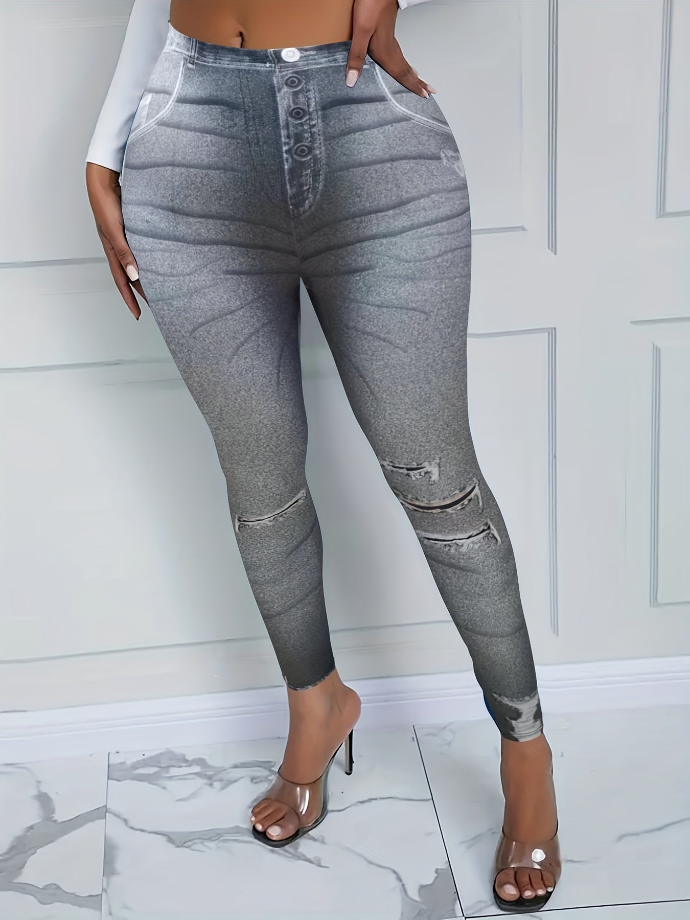 Ripped Denim Print Leggings Skinny Long Casual Pants