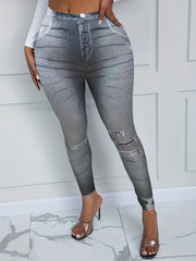 Ripped Denim Print Leggings Skinny Long Casual Pants