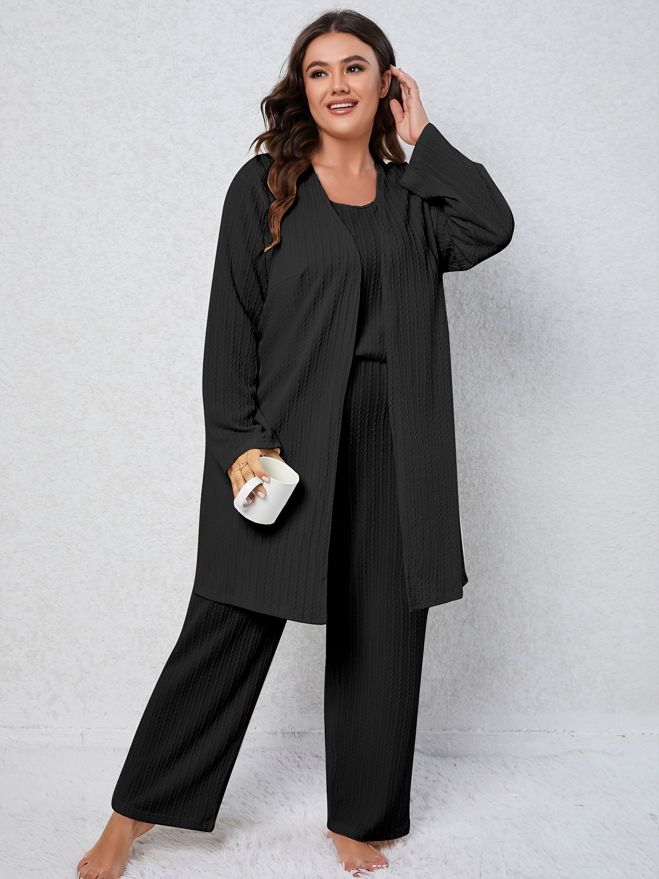 Textured Cami Top & Wide Leg Pants & Robe Pajama Set