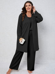 Textured Cami Top & Wide Leg Pants & Robe Pajama Set