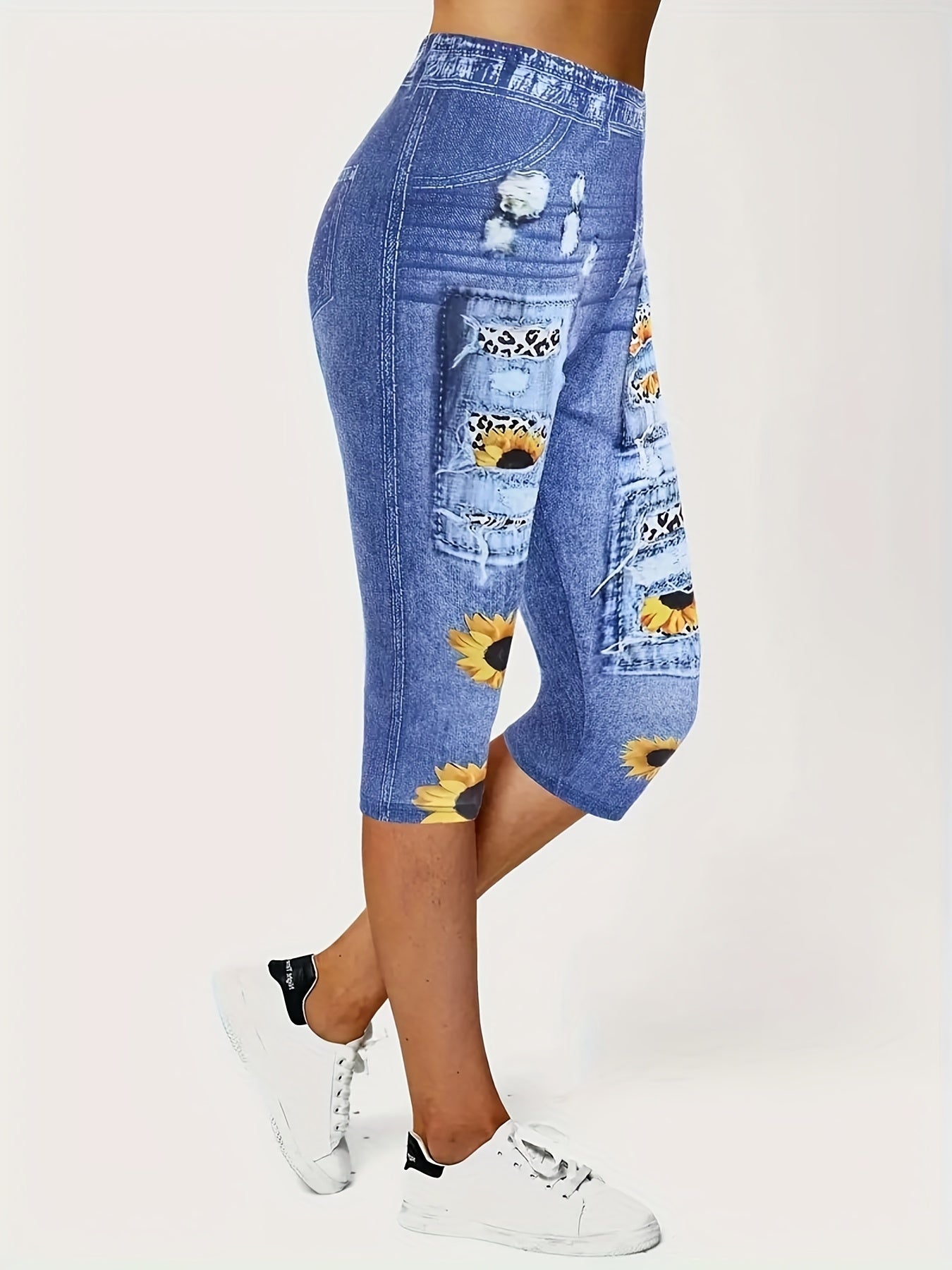 Denim & Sunflower Print Sports Leggings Women's Clothing