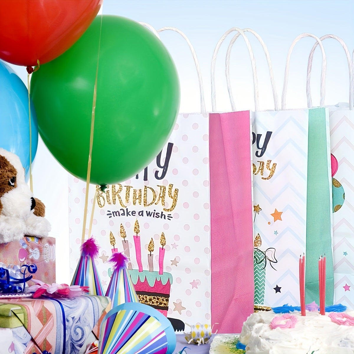 4pcs Happy Birthday Gift Bag Set with Wrappers and Ribbon Ties - Pink Series