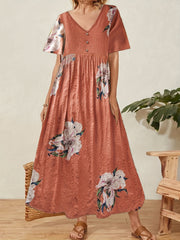 Floral Print V-Neck Dress Button Detail Short Sleeve Plus Size