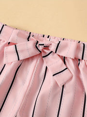 2pcs Toddler Girls Button Front Tank Tops & Vertical Stripes Belted Pants Set