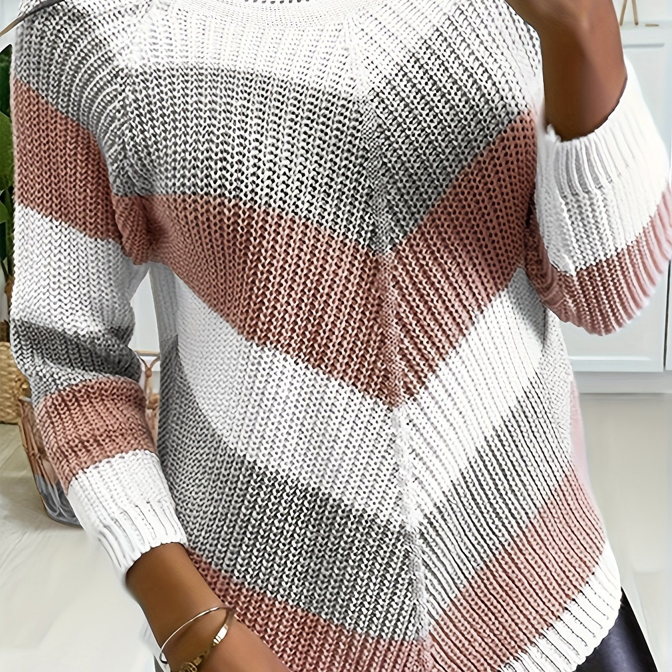 Striped Pattern Crew Neck Pullover Sweater for Women