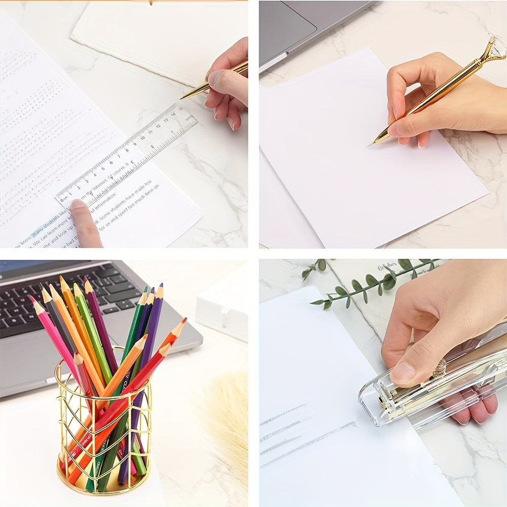 Golden Office Supplies Set - Stapler Pen Holder Pen Ruler