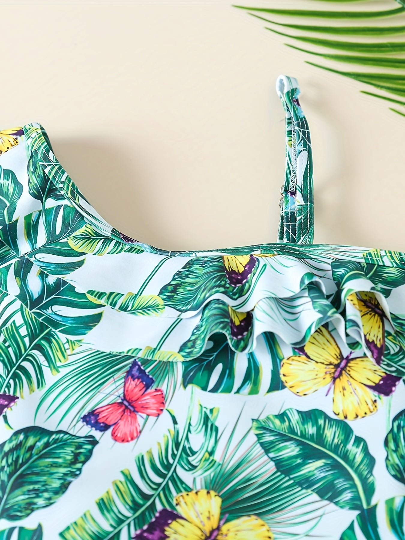 Girls' Leaf & Butterfly One Piece Swimsuit with Ruffled Trim