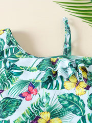 Girls' Leaf & Butterfly One Piece Swimsuit with Ruffled Trim