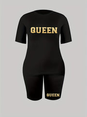 Women's Plus Size Letter Print Top & Shorts Set