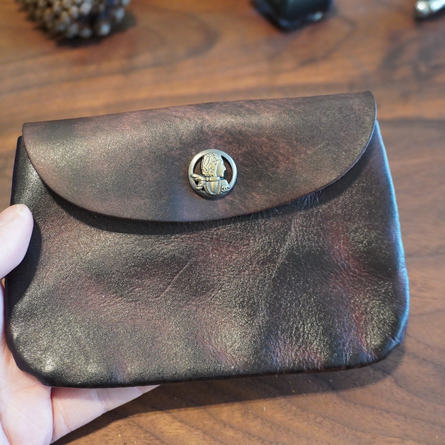 Earth Motif Leather Clutch Bag Large Capacity Vintage Bronze Buckle Closure
