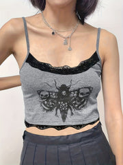 Bee Print Lace Cami Top Spaghetti Sleeveless Sexy Summer