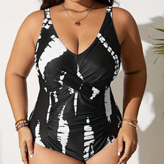 Modest Swimsuit Tie Dye Cross Front Ruched Tummy Control