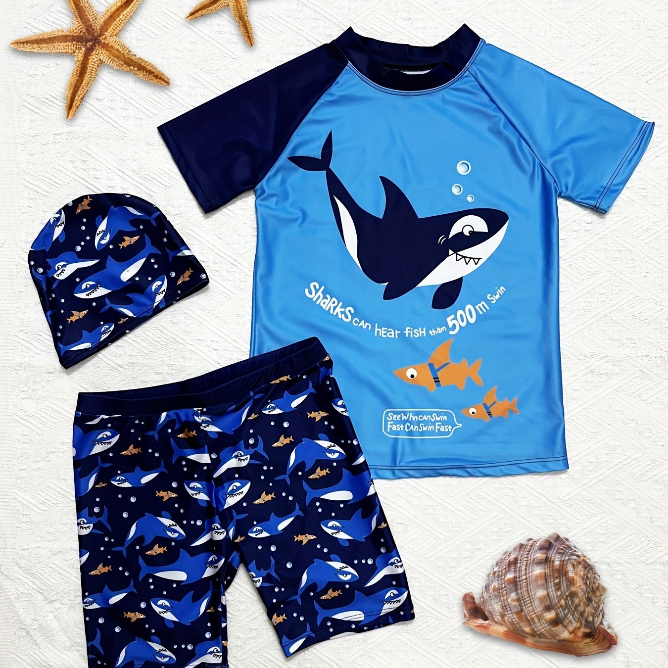 Toddler Boys Shark Swimsuit Set Short Sleeve Top & Shorts & Cap