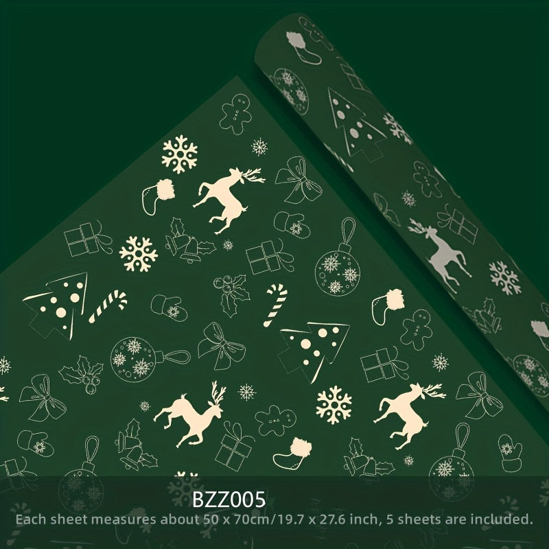 5pcs Christmas Gift Wrapping Paper, Santa Reindeer Snowman Pattern