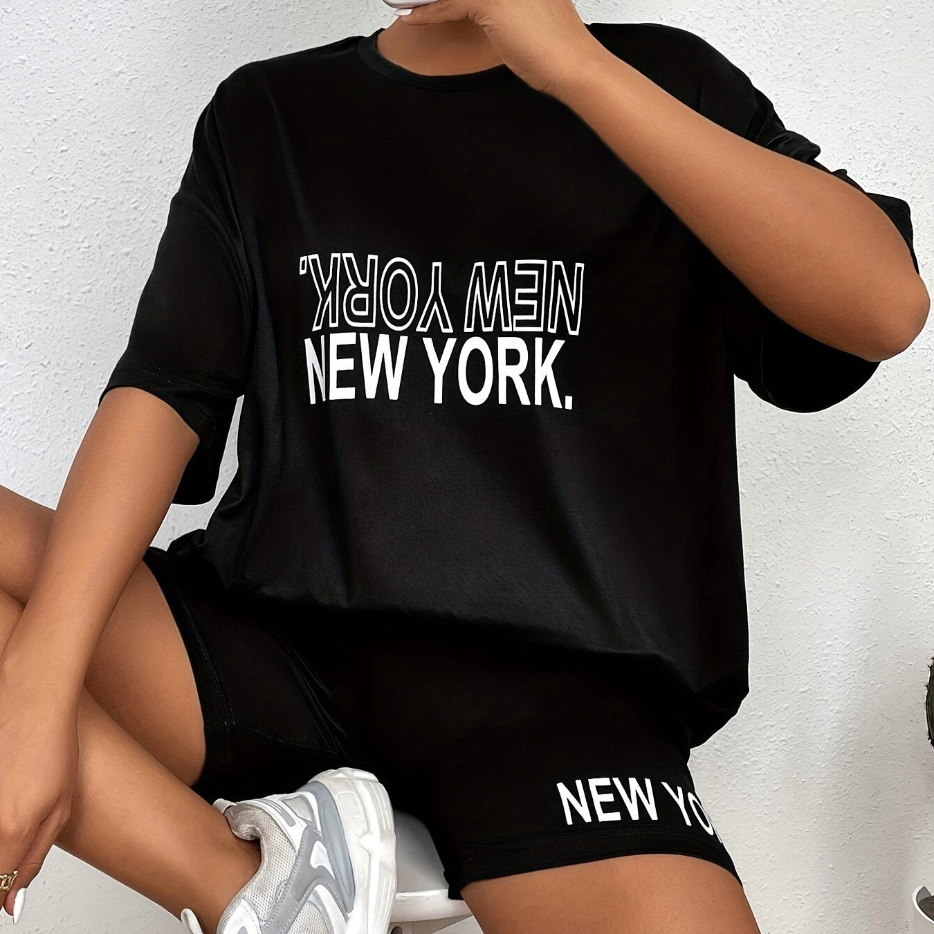 Letter Print Matching Two piece Set Casual T-shirt & Biker Shorts