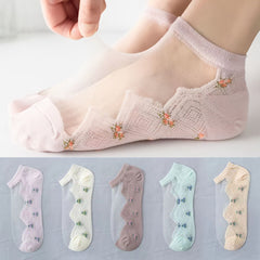 5 Pairs Floral Print Sheer Socks Women's Ankle Stockings