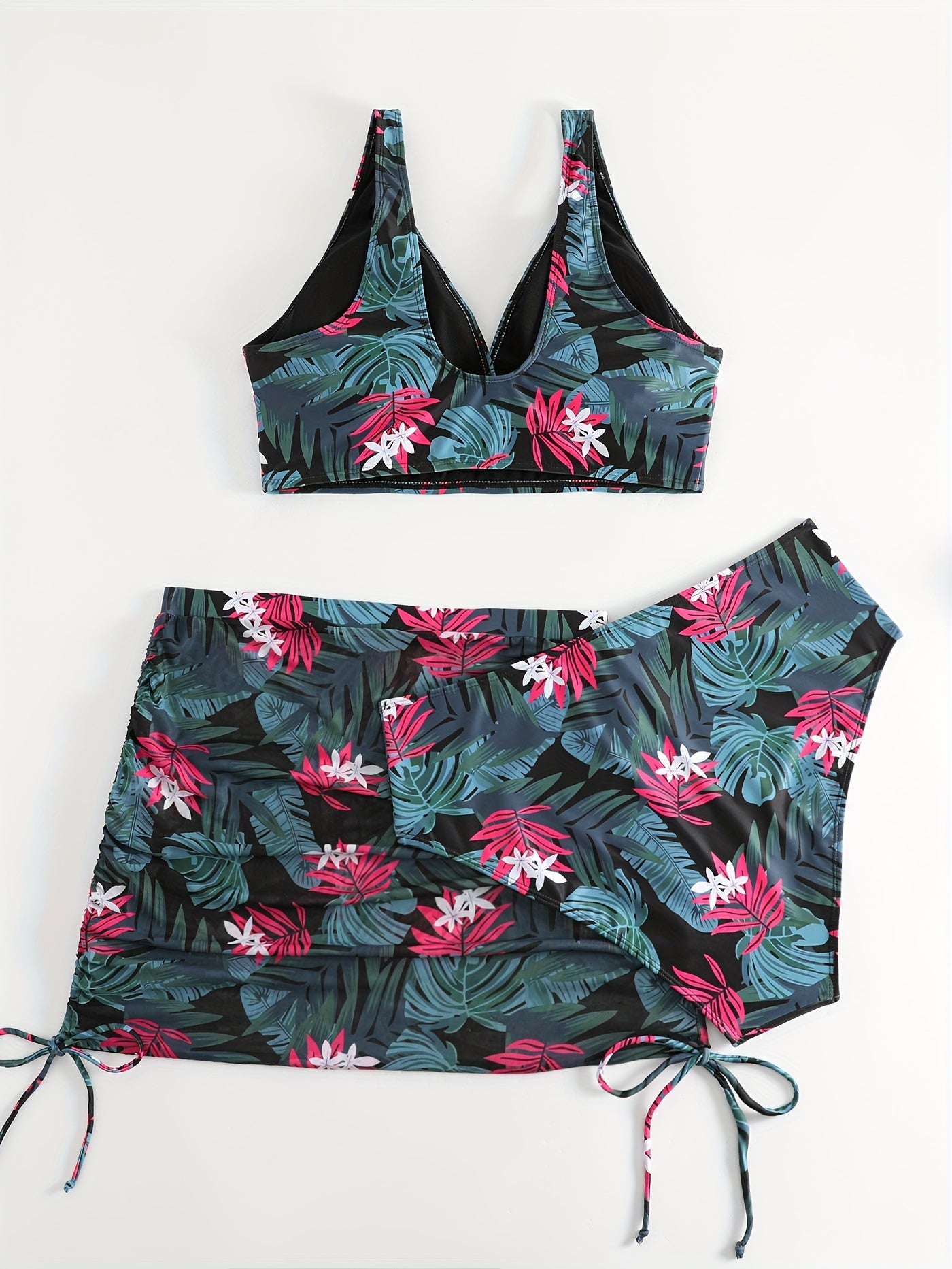Marble Print Bikini Set with Lace Up Side Ruched Cover Up Skirt