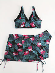 Marble Print Bikini Set with Lace Up Side Ruched Cover Up Skirt
