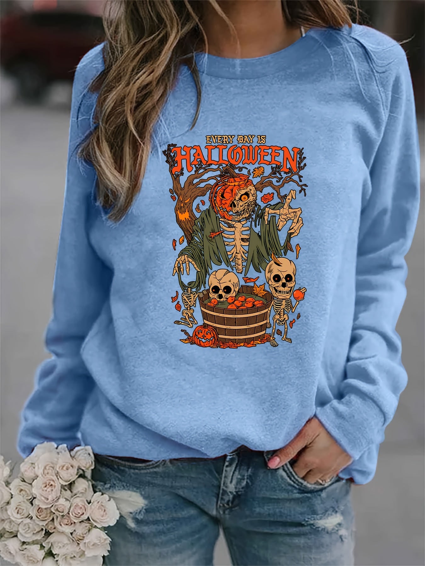 Halloween Skull Print Sweatshirt Women's Clothing