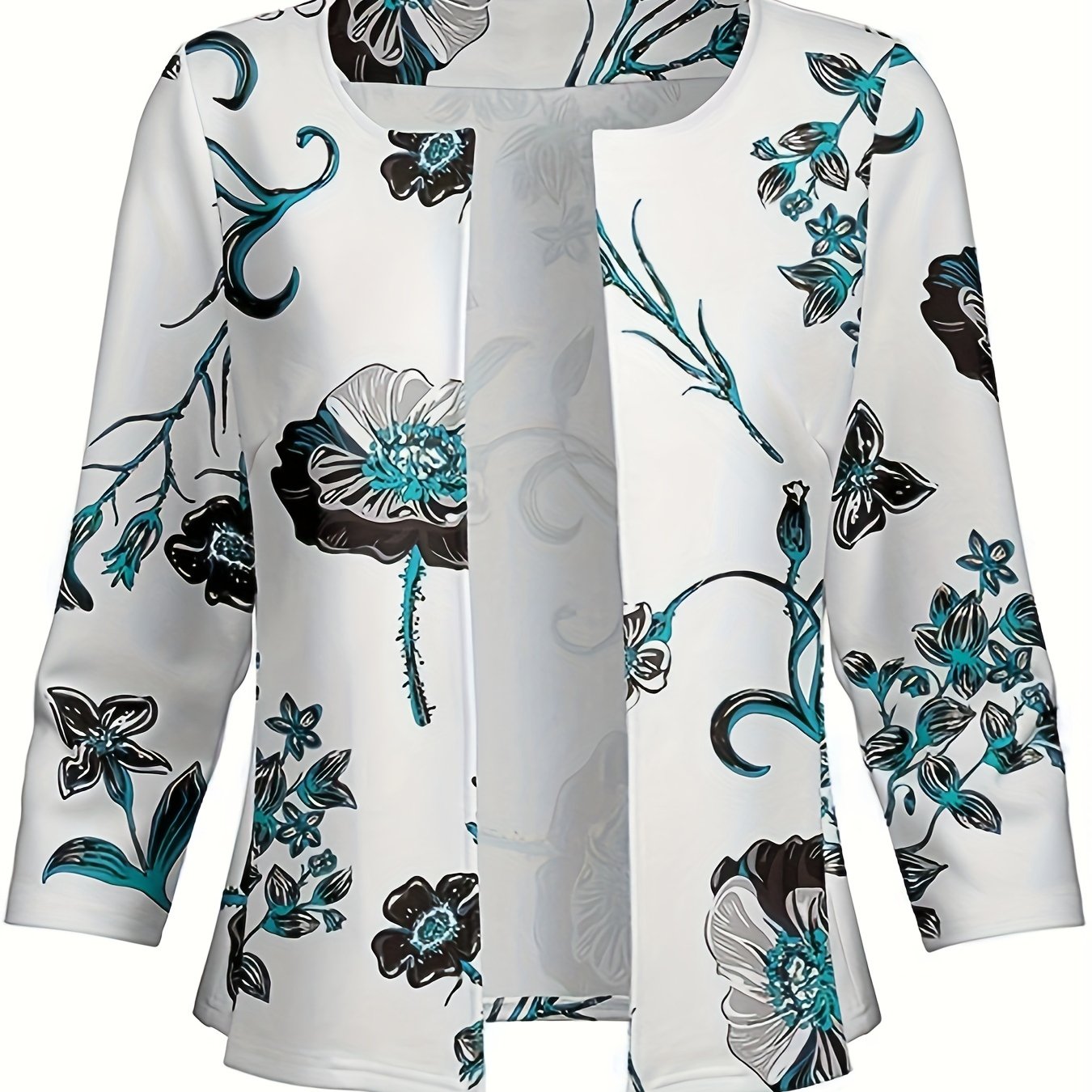 Floral Print Three Quarter Sleeve Open Front Blazer