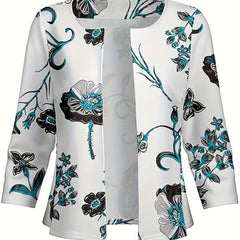 Floral Print Three Quarter Sleeve Open Front Blazer