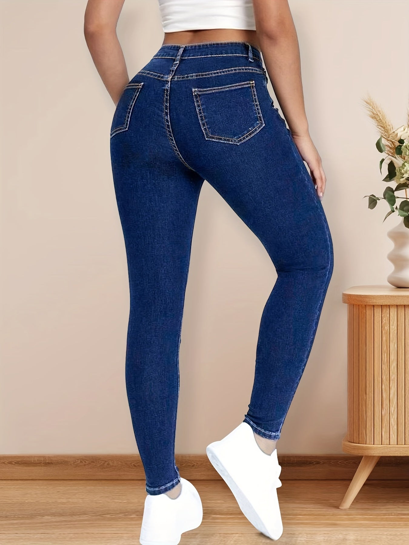High Rise Skinny Jeans Zipper Button Closure Dark Denim Women's Clothing