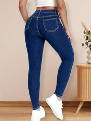 High Rise Skinny Jeans Zipper Button Closure Dark Denim Women's Clothing