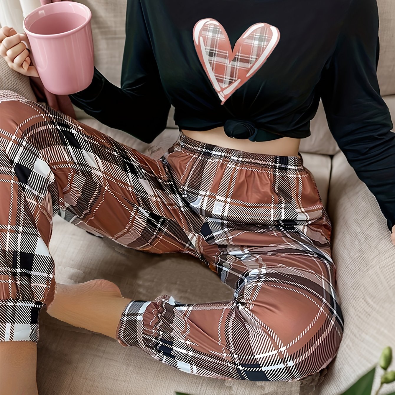 Heart Print Pajama Set Long Sleeve Crew Neck Top & Plaid Pants