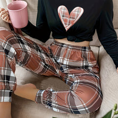Heart Print Pajama Set Long Sleeve Crew Neck Top & Plaid Pants